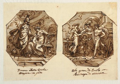 Juno amamantando a Hércules, Hebe se casa con Hércules con la ayuda de Minerva, diseñado para la Sala di Ercole e Ebe, Palazzo Gaddi, Forli. de Felice Giani