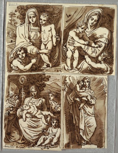 Madonna y Niño y San Juan, Estudio después de Francia; Madonna y Niño con San Juan, Estudio después de Dossi; Madonna y Niño con San Juan, Santo Obispo, Santa Apolonia; Madonna y Niño en Nicho, Estudio después de Escultura por Salvator Mundy de Felice Giani