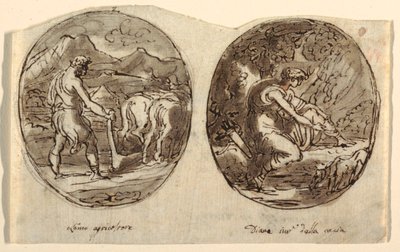 El hombre agricultor, Diana la diosa de la caza, Diseño para el techo abovedado, Sala dei Legislatori, Palazzo Conti-Sinibaldi, Faenza de Felice Giani