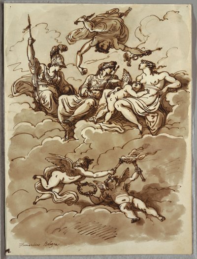Minerva, Mercurio, Juno y Venus en nubes, Estudio después de Marcantonio Franceschini de Felice Giani