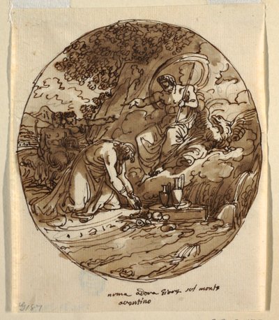 Numa Pompilio adorando a Júpiter en el Aventino, diseño del techo para la Sala di Numa Pompilio, Palazzo Milzetti, Faenza de Felice Giani