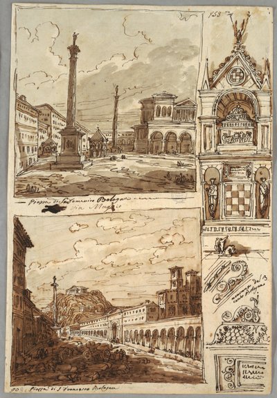 Piazza San Domenico en Bolonia; Piazza San Francesco y Villa Aldini en Bolonia; Estudio de la tumba de Glossatori de Felice Giani