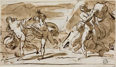 Polifemo lanzando rocas a los fugitivos Aeis y Galatea (recto); Polifemo tocando su flauta de caña para Galatea (verso) de Felice Giani