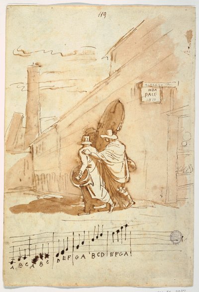 Recto: Tres músicos frente al Albergo Della Pace, 1810 de Felice Giani