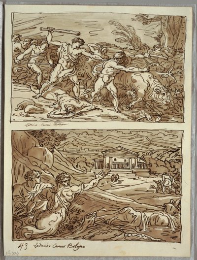 Remo ahuyenta y mata a los ladrones de los rebaños; Santuario para los fugitivos en el Campidoglio, dos estudios después de Carracci de Felice Giani