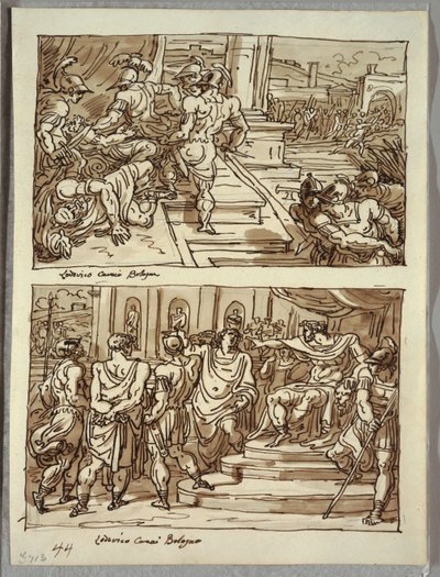 Remo Mata al Rey Amulio; Remo Conducido en Cadenas ante el Rey Amulio; Dos Estudios Después de Carracci de Felice Giani