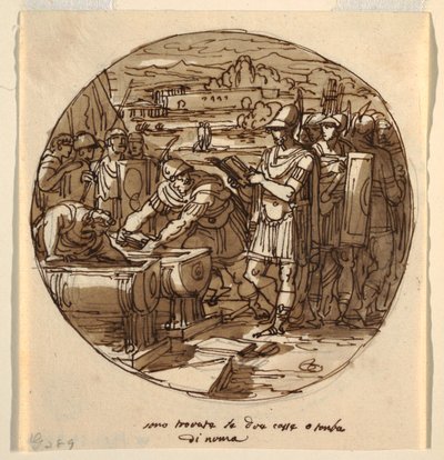 Recuperación de libros de la tumba de Numa, Sala de Numa Pompilio, Palazzo Milzetti, Faenza de Felice Giani