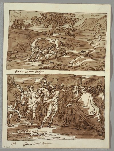Rómulo y Remo amamantados por la loba; Rómulo dedica a Júpiter Feretrio los despojos del rey conquistado Acronius, dos estudios después de Carracci de Felice Giani
