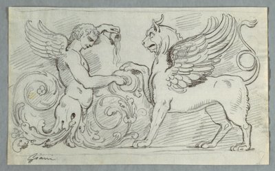 Friso Esculpido con Media Figura de Niño Alado y Grifo de Felice Giani