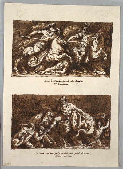 Página de cuaderno de bocetos: Muerte de Flaminio en la batalla de Trasimeno; Annabelle pierde un ojo en los pantanos de Fiano, Toscana de Felice Giani