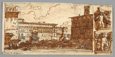 Página de cuaderno de bocetos, Folio 57: Estudio después de Piazza Emmanuelle en Bolonia; Verso, Detalle arquitectónico de Felice Giani