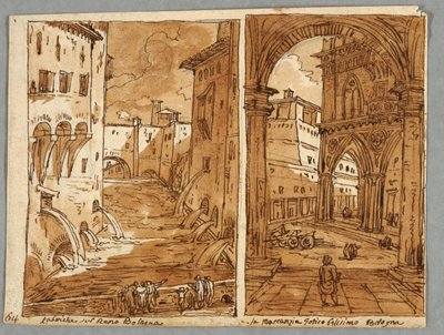Página de cuaderno de bocetos, Folio 64: Estudio de Arquitectura y Escultura Boloñesa; Verso: Diseños geométricos de Felice Giani