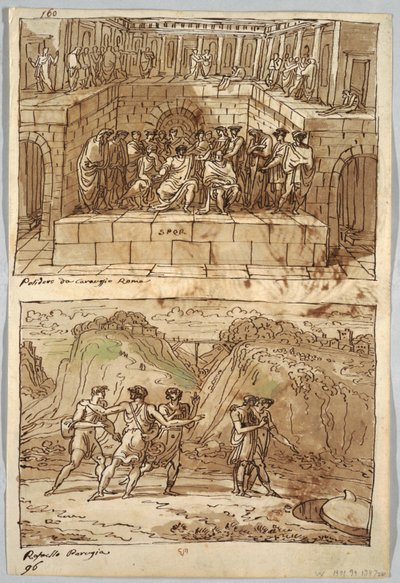Página de cuaderno de bocetos, folio 98: Dos pinturas después de Caravaggio y Rafael; Verso: Águila y buey de Felice Giani