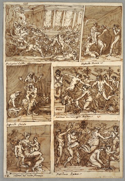 Página de cuaderno de bocetos: seis escenas; Verso: cinco estudios de cabezas de caballos; cabeza de león de Felice Giani