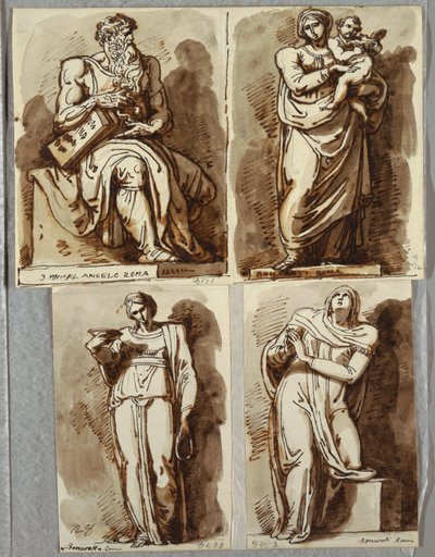 Estudios de cuatro estatuas en la tumba de Julio II, después de Miguel Ángel: Moisés; Madonna y el Niño; Lea, Virtud; Raquel, Religión de Felice Giani