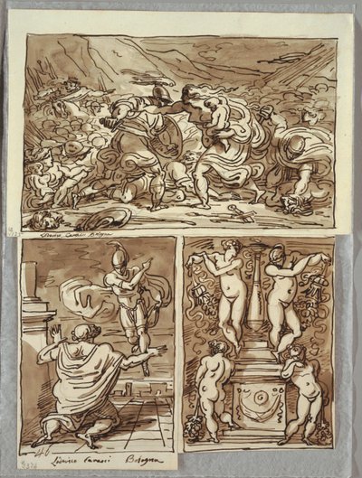 La batalla entre los romanos y los sabinos; Aparición de Rómulo a Proculus, dos estudios después de los Carracci; Candelabro de Felice Giani