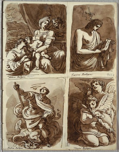 La Sagrada Familia con Santa Catalina; San Juan Bautista, después de Guercino; San Jorge y el dragón, después de Alessandro Tiarini; Dos putti de Felice Giani