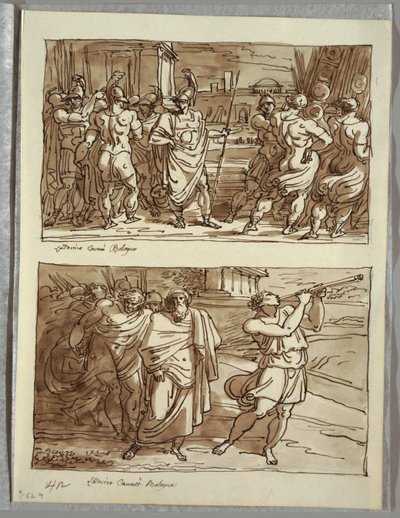 El orgullo de Rómulo: La burla del viejo capitán de Veii; Dos estudios después de Carracci de Felice Giani