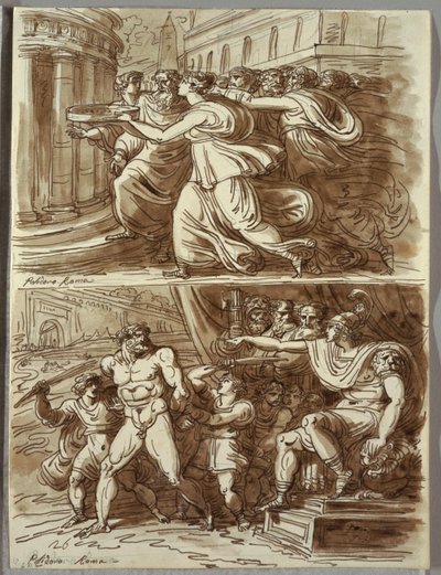 La vestal Tuccia lleva agua en un tamiz; Dos estudios después de Polidoro da Caravaggio de Felice Giani