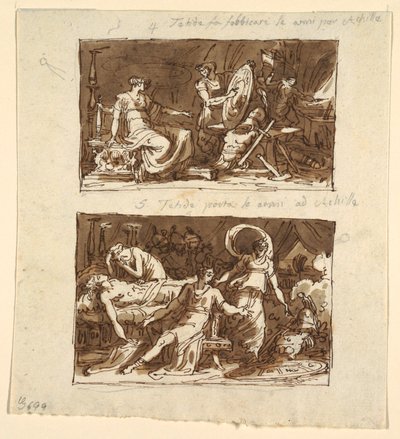 Tetis en el taller de Hefesto; Tetis mostrando la armadura a Aquiles: Dos diseños para paneles de techo en la Galería de la Ilíada, Palazzo Milzetti, Faenza de Felice Giani