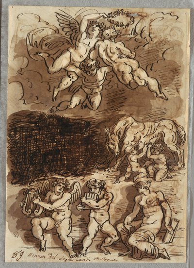 Tres putti con guirnalda; Rómulo y Remo amamantando de la loba; Dos putti tocando platillos de Felice Giani