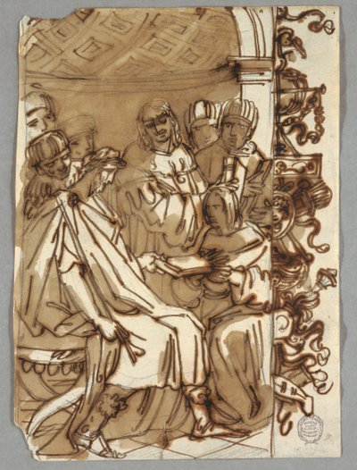 Triboniano Presenta los Pandectas al Emperador Juliano, después de Perino del Vaga; Boceto de Trofeo de Felice Giani
