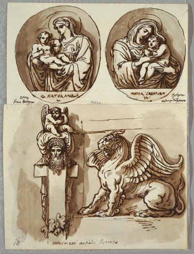 Dos dibujos de la Madonna y el Niño en óvalos, estudios después de Giambologna y Alfonzo da Ferrero; Herm y Quimera, después de Antiguo de Felice Giani
