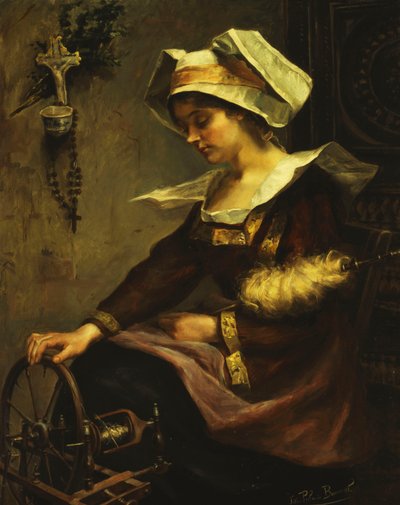 Joven bretona con huso; Jeune Bretonne au Rouet (óleo sobre lienzo) de Felicie Palade Bonnal
