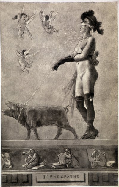 Pornokrates (Mujer desnuda, ojos vendados, rodeada de ángeles y llevando un cerdo con una correa) de Félicien Rops
