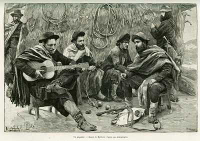 Un payador, duelo en verso de cantantes ambulantes. Grabado por Myrbach, para ilustrar la historia Viaje a la Plata, en 1886, por Emile Daireaux, en le tour du monde 1888, dirigido por Edouard Charton (1807-1890), Hachette, París. de Felicien baron de Myrbach Rheinfeld