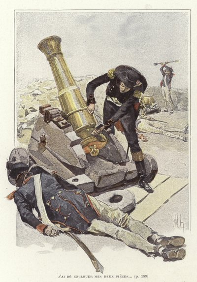 Un soldado inspecciona un cañón junto al cuerpo de un soldado muerto de Felicien baron de Myrbach Rheinfeld