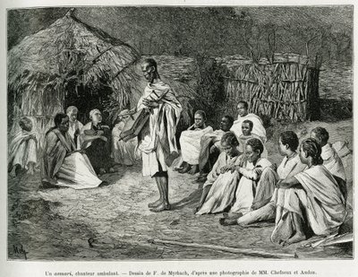 Un asmari, un cantante ambulante. Grabado por F. De Myrbach, después de una fotografía, para ilustrar la historia Viaje al Choa (Abyssinie meridionale), en 1884-1888, por Henry Audon, en le tour du monde 1889, dirigido por Edouard Charton (1807-1890), Hach de Felicien baron de Myrbach Rheinfeld