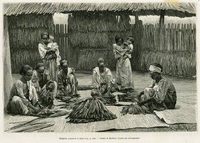 Indígenas haciendo tabaco. Grabado por Myrbach para ilustrar la historia Lucon y Palaouan, seis años en Filipinas, por Alfred Marche (1844-1898), en le tour du monde 1886, dirigido por Edouard Charton (1807-1890), Hachette, París. de Felicien baron de Myrbach Rheinfeld