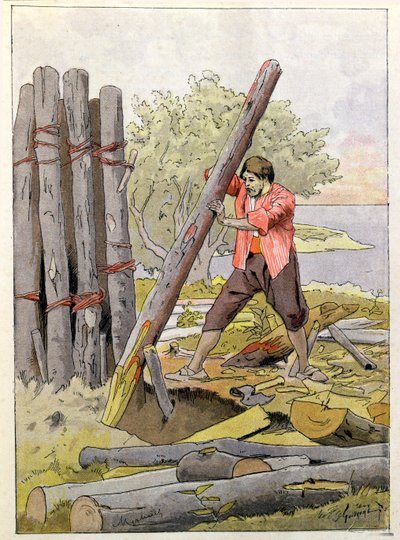 Robinson Crusoe construyendo su primera vivienda, 1930 de Felicien baron de Myrbach Rheinfeld