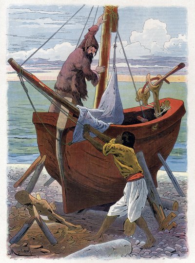 Robinson Crusoe y Viernes construyen un barco. de Felicien baron de Myrbach Rheinfeld