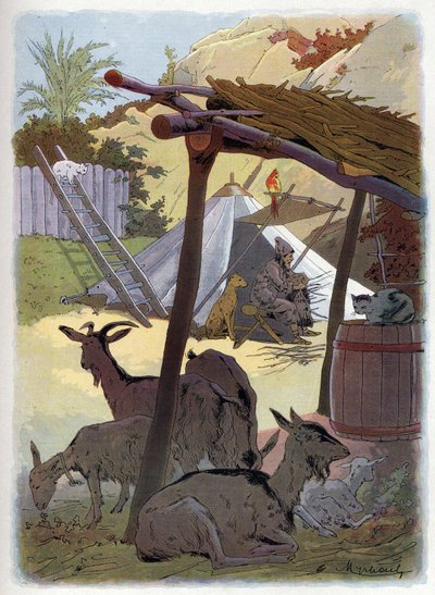 Robinson Crusoe en casa con sus animales de Felicien baron de Myrbach Rheinfeld