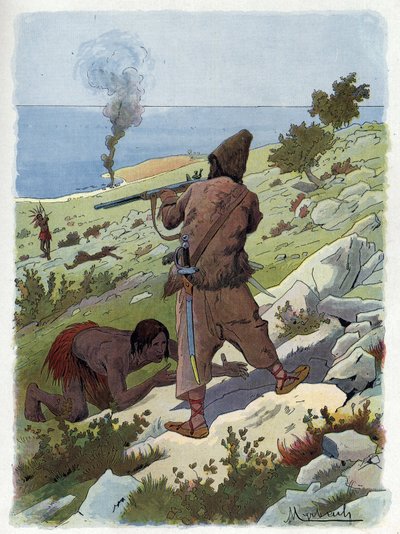 Robinson Crusoe mata a los salvajes que persiguen a Viernes de Felicien baron de Myrbach Rheinfeld