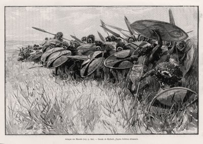 El ataque de los masáis. Grabado por Myrbach para ilustrar la historia “Au secours d