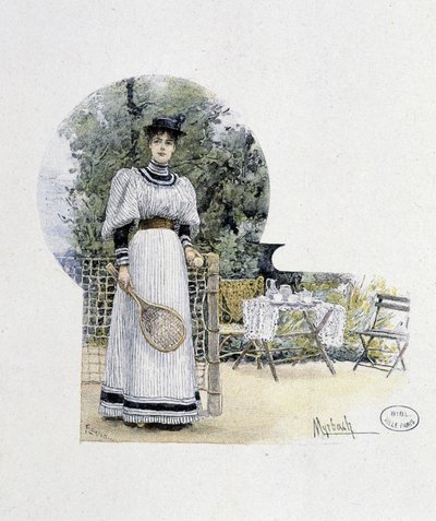 Joven mujer en una cancha de tenis - grabado, finales del siglo XIX de Felicien baron de Myrbach Rheinfeld