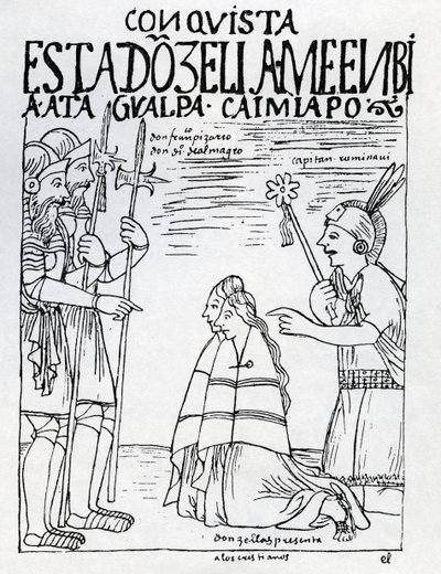 El capitán Ruminavi presenta a Francisco Pizarro y Diego de Almagro dos mujeres de Felipe Huaman Poma de Ayala