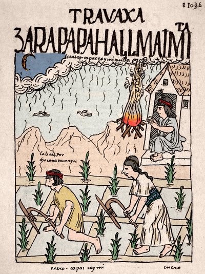 Imperio Inca: una pareja india de la clase Hatun Runa trabaja la tierra en enero - Dibujo a tinta del manuscrito de Don Felipe Puma de Ayala “Nueva coronica y buen gobierno” ilustrando la vida de los incas - Siglo XVI de Felipe Huaman Poma de Ayala