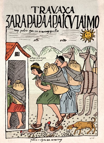 Imperio Inca: campesinos incas trabajando en los campos en julio - Dibujo a tinta del manuscrito de Don Felipe Puma de Ayala “Nueva coronica y buen gobierno” ilustrando la vida de los incas, circa 1587 Lima, Museo Nacional de Antropología, Arqueología e Hi de Felipe Huaman Poma de Ayala