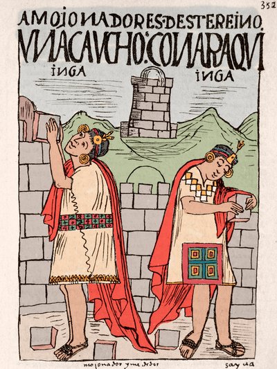 Imperio Inca: incas construyendo graneros, edificios públicos y religiosos - Dibujo a tinta del manuscrito 