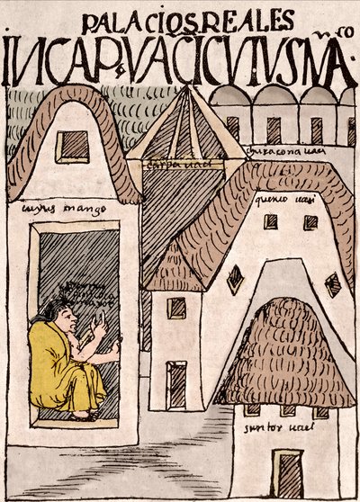 Imperio Inca: Templos y Palacios en Cuzco, Perú - Dibujo en tinta del manuscrito “Nueva coronica y buen gobierno” de Don Felipe Puma de Ayala ilustrando la vida de los Incas, circa 1587 Lima, Museo Nacional de Antropología, Arqueología e Historia de Felipe Huaman Poma de Ayala