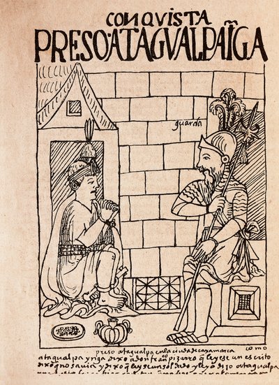 Emperador inca Atahualpa, prisionero de los conquistadores en Cajamarca de Felipe Huaman Poma de Ayala