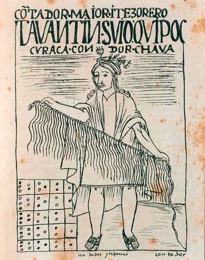 Hombre inca sosteniendo un quipu: sistema de contabilidad usando cuerdas y nudos (dibujo a tinta) de Felipe Huaman Poma de Ayala
