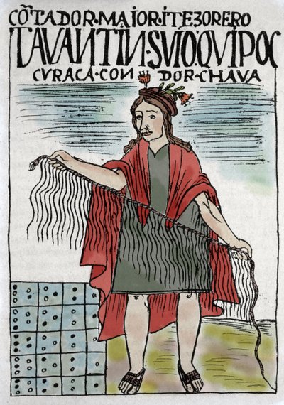 Quipu, sistema de contabilidad inca en cuerdas y nudos, cultura inca 1400-1532 d.C., manuscrito de Felipe Guaman Puma de Ayala (Nueva Coronica y buen Gobierno), columnista indio del siglo XVI. de Felipe Huaman Poma de Ayala