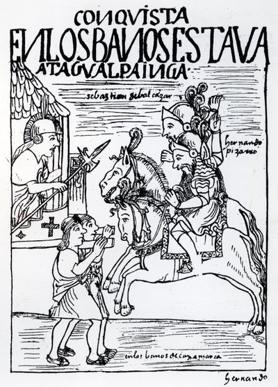 Sebastián de Benalcázar y Hernando Pizarro confrontan a Atahualpa Inca en los Baños Reales de Cajamarca de Felipe Huaman Poma de Ayala