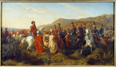 Conquista de Argelia (1830-1847): Episodio de la campaña de Argelia en 1840 - el Duque de Orleans Ferdinand Philippe (1810-1842), hijo del Rey Luis Felipe I, concede libertad a dos prisioneros árabes cerca del campamento de Blida de Felix (after) Philippoteaux