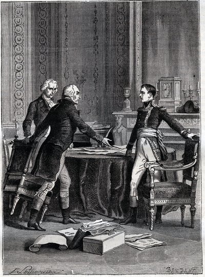 Primera deliberación de los tres cónsules en el Palacio de Luxemburgo - Napoleón Bonaparte, Emmanuel Joseph Sieyès y Pierre Roger-Ducos 1799 - Grabado por Barbant, después de Philippoteaux - Primer Consulado, 24 Frimaire VIII (15 de diciembre de 1799), pri de Felix (after) Philippoteaux